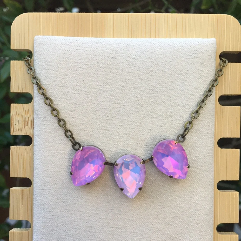 Purple + Pink Opal Aurora Borealis Antique Brass Pear Crystal Necklace